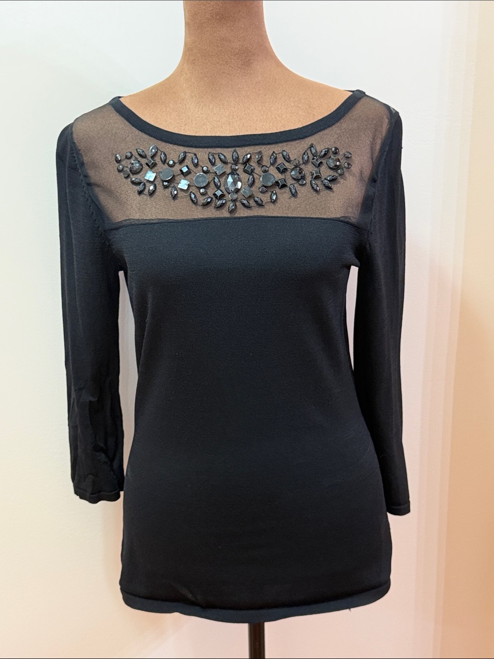 NWOT Boston Proper Elegant Beaded Embellished Sheer Mesh Yoke Top Size Small